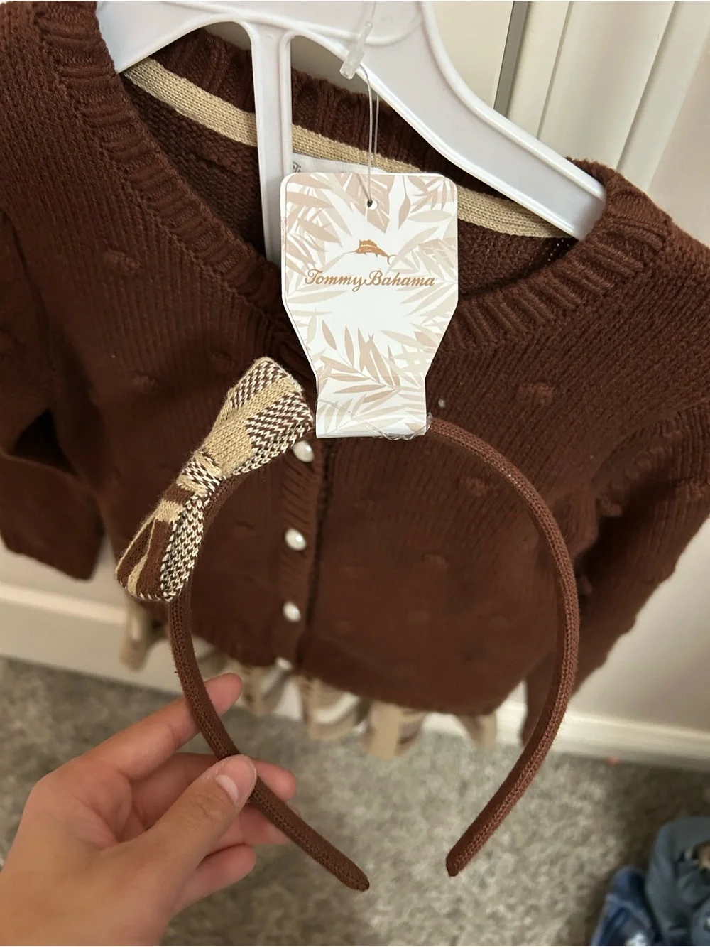 NWT Tommy Bahama Girls Brown Cardigan & Plaid Skirt 2-Piece Set Size Small Fall